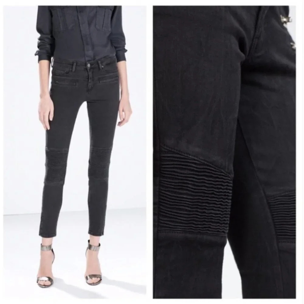 Zara Black Rock Denim Biker Moto Skinny Jeans